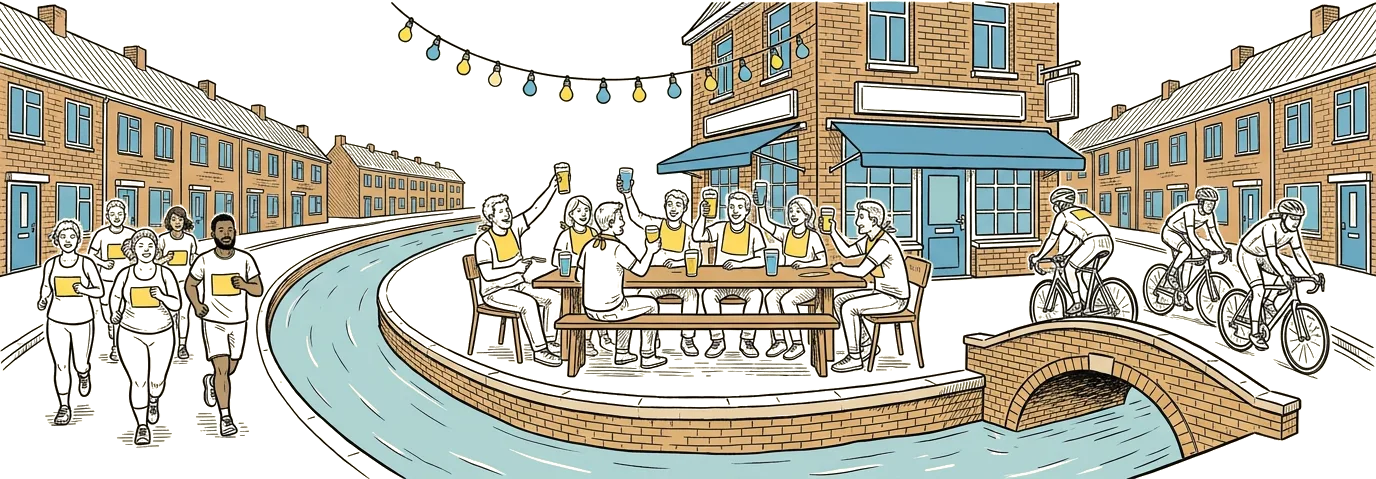 Getekend: hardlopers langs de gracht en fietsers over een bruggetje, op weg naar een tafel vol vrienden op het terras van de kroeg.