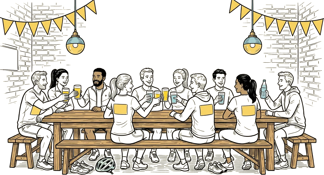 Getekend: na afloop aan de lange tafel in de kroeg, vrienden in sportkleding proosten met bier, water en fris.