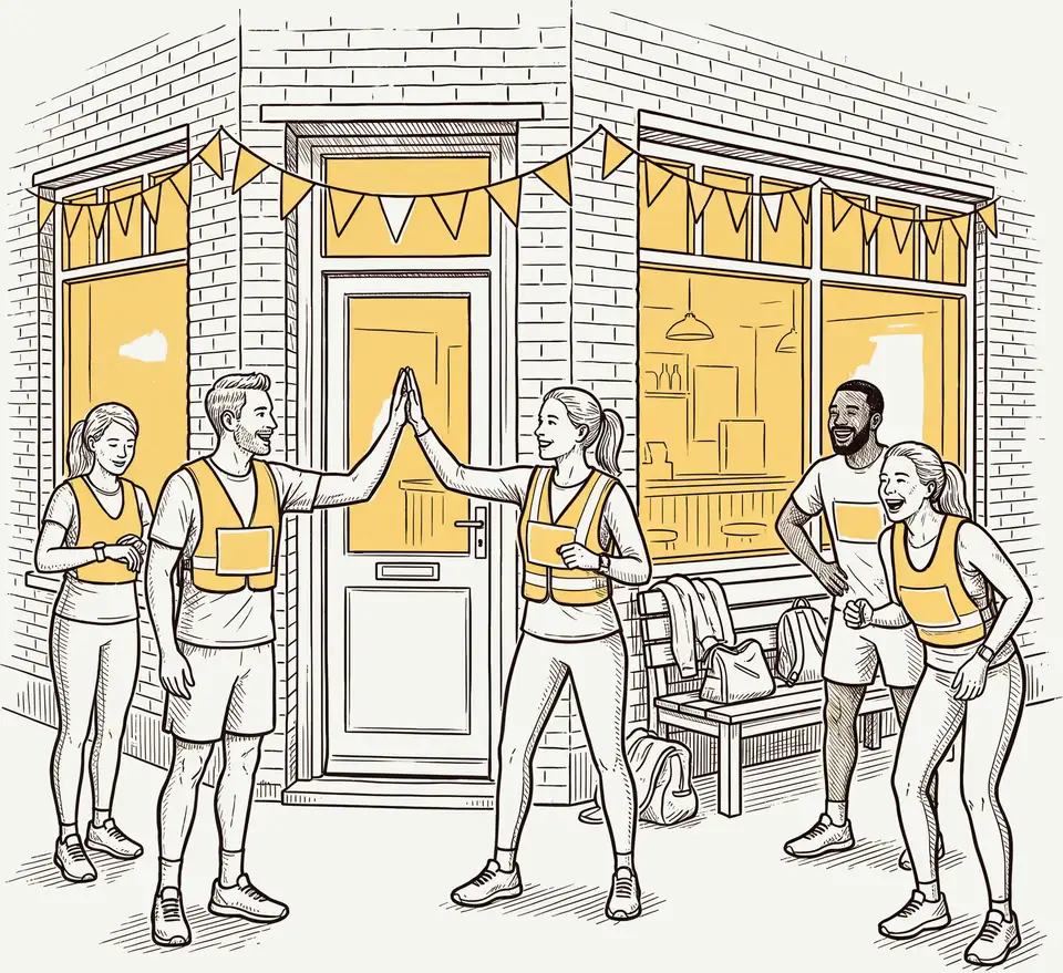 Getekend: lopers in hesjes geven elkaar een high-five bij de deur van de kroeg, na de run.
