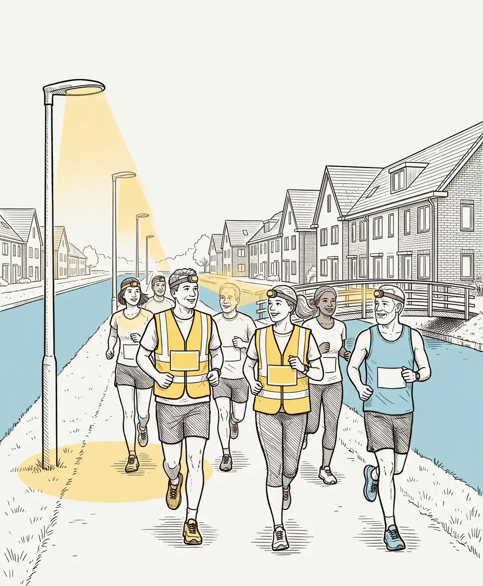 Getekend: een groep hardlopers in reflecterende hesjes over een verlicht pad langs het water in Vathorst.
