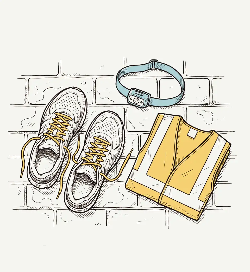 Getekend: hardloopschoenen, een hoofdlampje en een reflecterend hesje — meer heb je niet nodig.